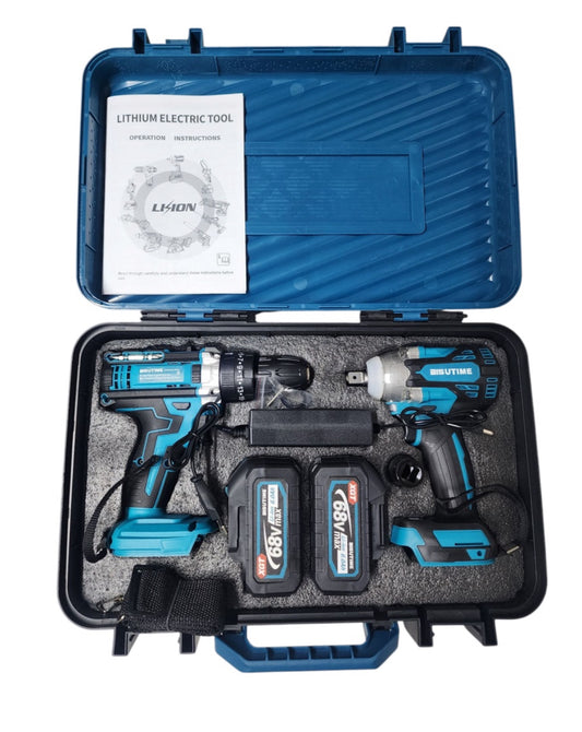 Rechargeable hammer drill and impact wrench set 68V